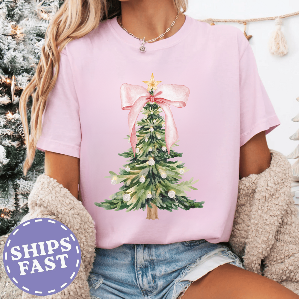 Pink Christmas Tree Bow T-shirt | Sweatshirt